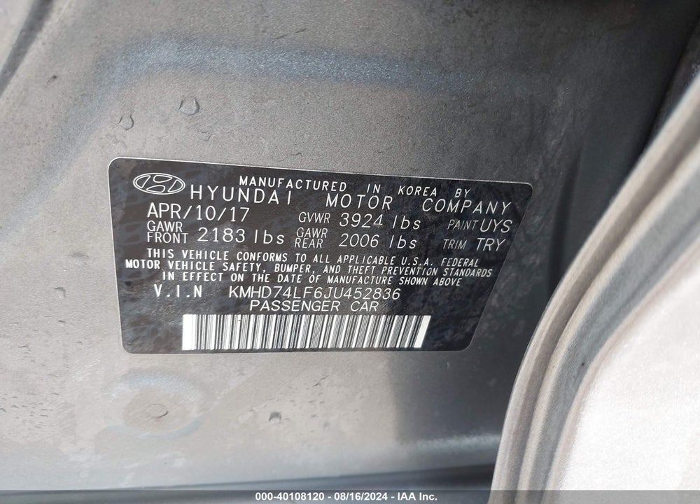 2018 HYUNDAI ELANTRA SE VIN: KMHD74LF6JU452836