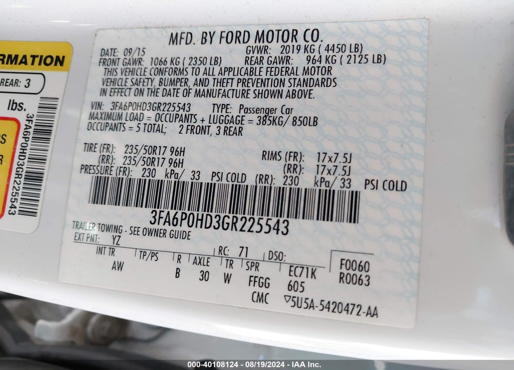 2016 FORD FUSION SE VIN: 3FA6P0HD3GR225543