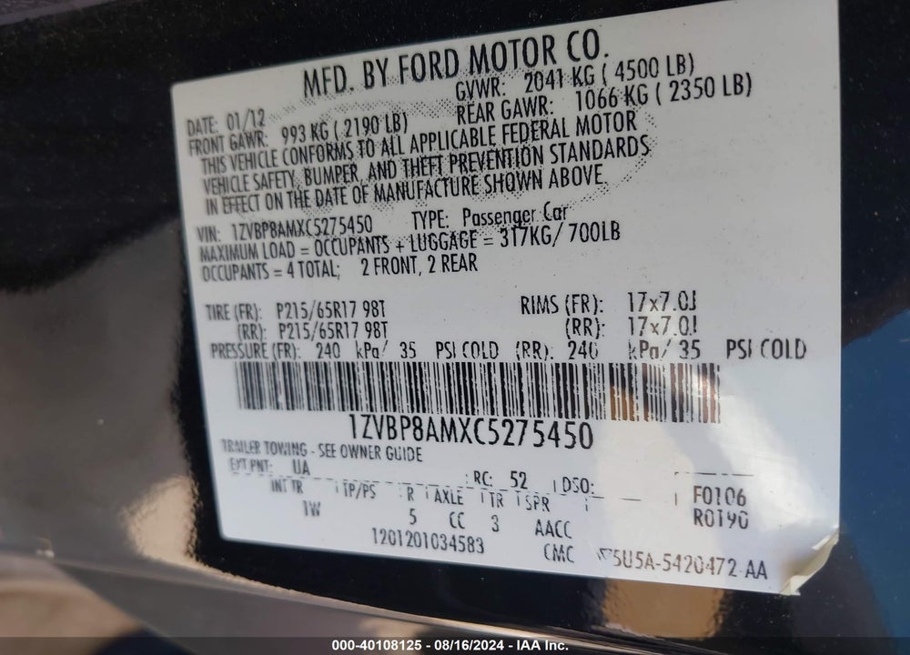 2012 FORD MUSTANG V6 VIN: 1ZVBP8AMXC5275450