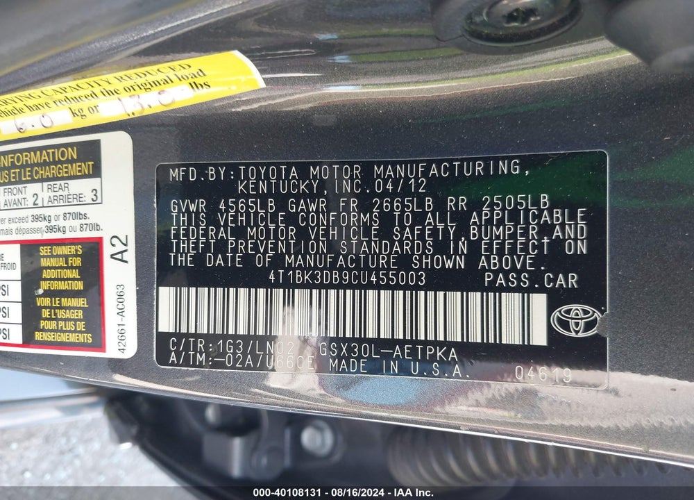 2012 TOYOTA AVALON LIMITED VIN: 4T1BK3DB9CU455003