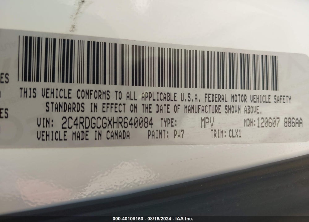 2017 DODGE GRAND CARAVAN SXT VIN: 2C4RDGCGXHR640084