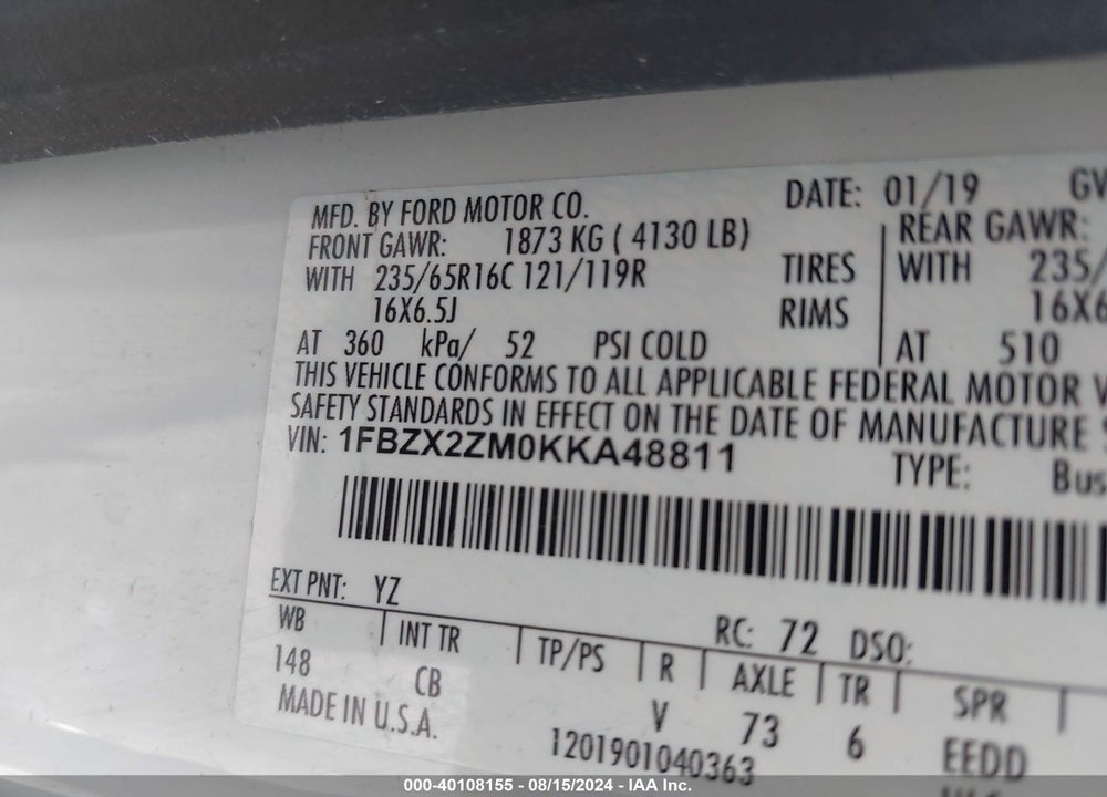 2019 FORD TRANSIT-350 XLT VIN: 1FBZX2ZM0KKA48811