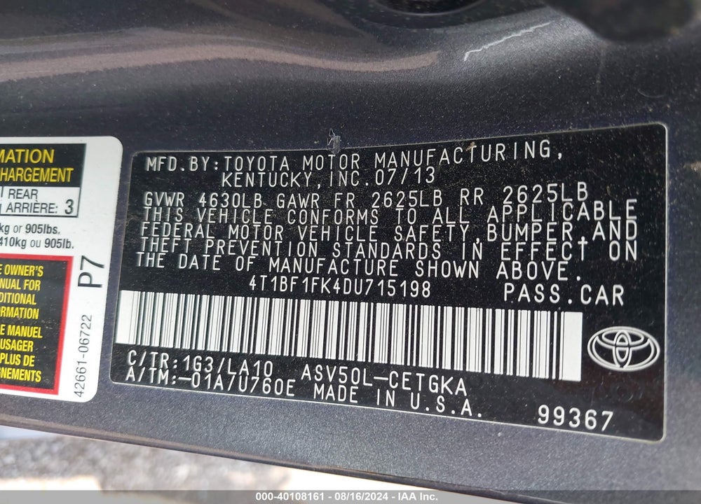 2013 TOYOTA CAMRY XLE VIN: 4T1BF1FK4DU715198