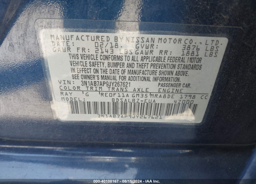 2018 NISSAN SENTRA S VIN: 3N1AB7AP9JY267621