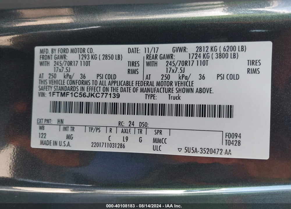 2018 FORD F-150 XLT VIN: 1FTMF1C56JKC77139