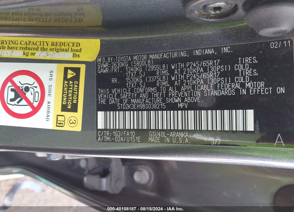 2011 TOYOTA HIGHLANDER BASE V6 VIN: 5TDZK3EH9BS038215