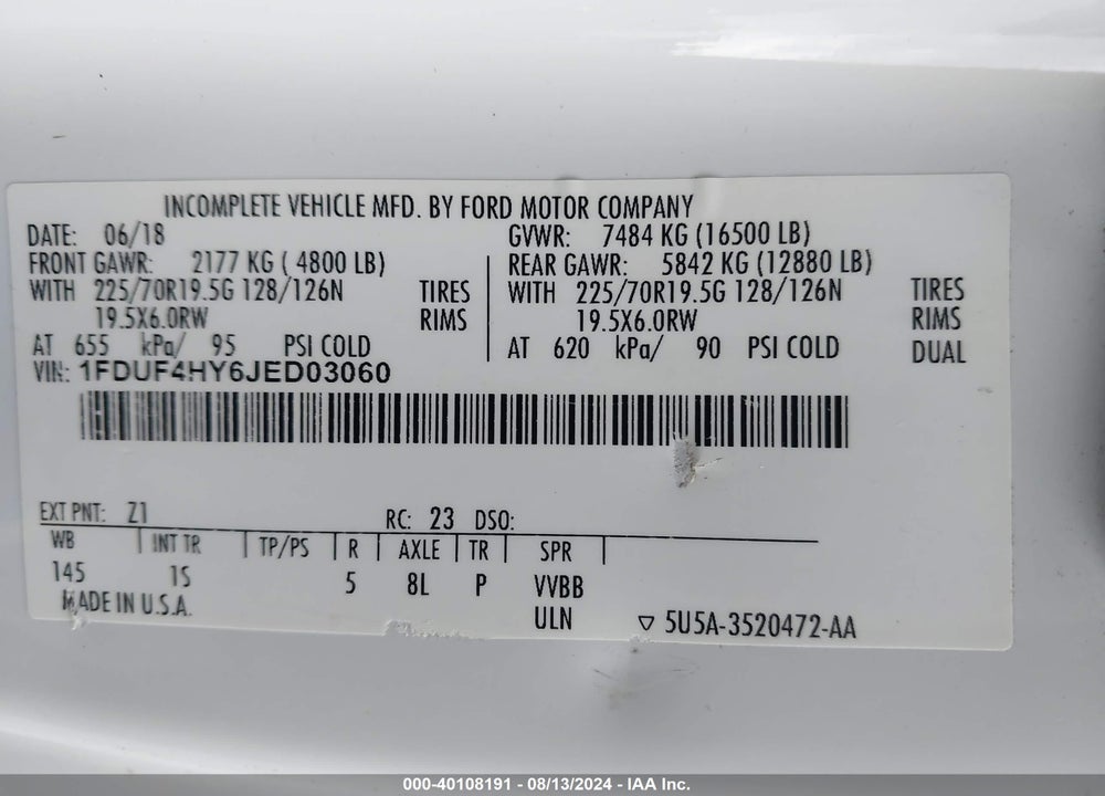 2018 FORD F-450 CHASSIS XL VIN: 1FDUF4HY6JED03060