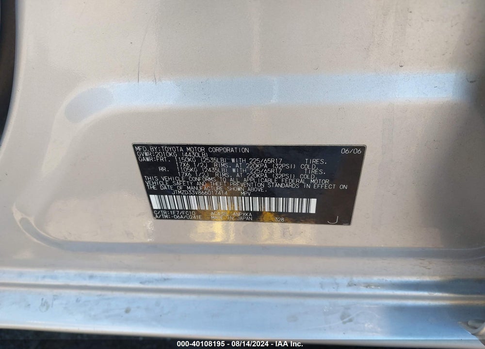 2006 TOYOTA RAV4 VIN: JTMZD33V866017414