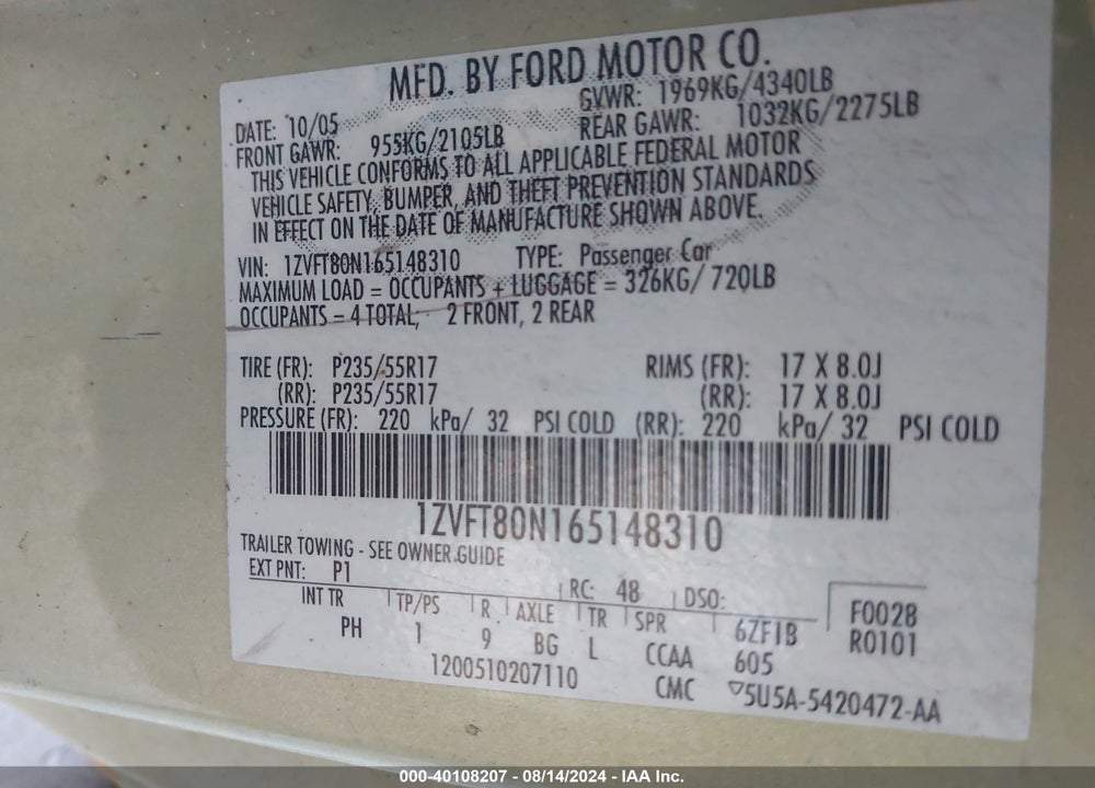 2006 FORD MUSTANG V6 VIN: 1ZVFT80N165148310