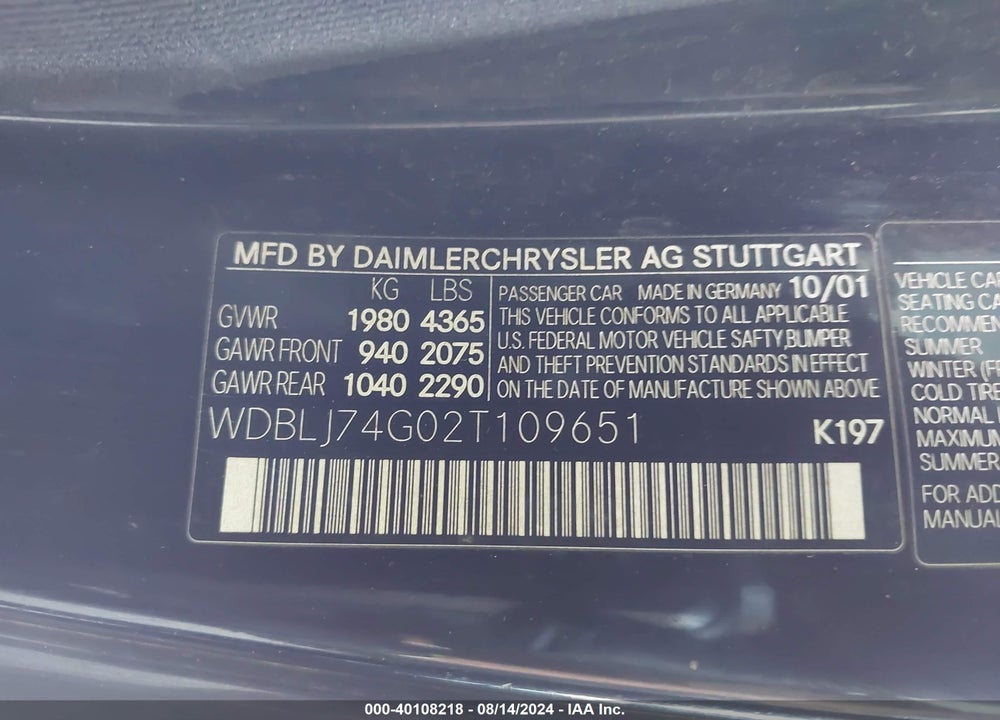 2002 MERCEDES-BENZ CLK 55 AMG VIN: WDBLJ74G02T109651