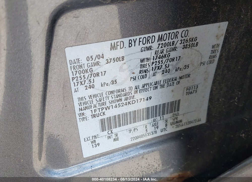 2004 FORD F-150 FX4/LARIAT/XLT VIN: 1FTPW14524KD17149