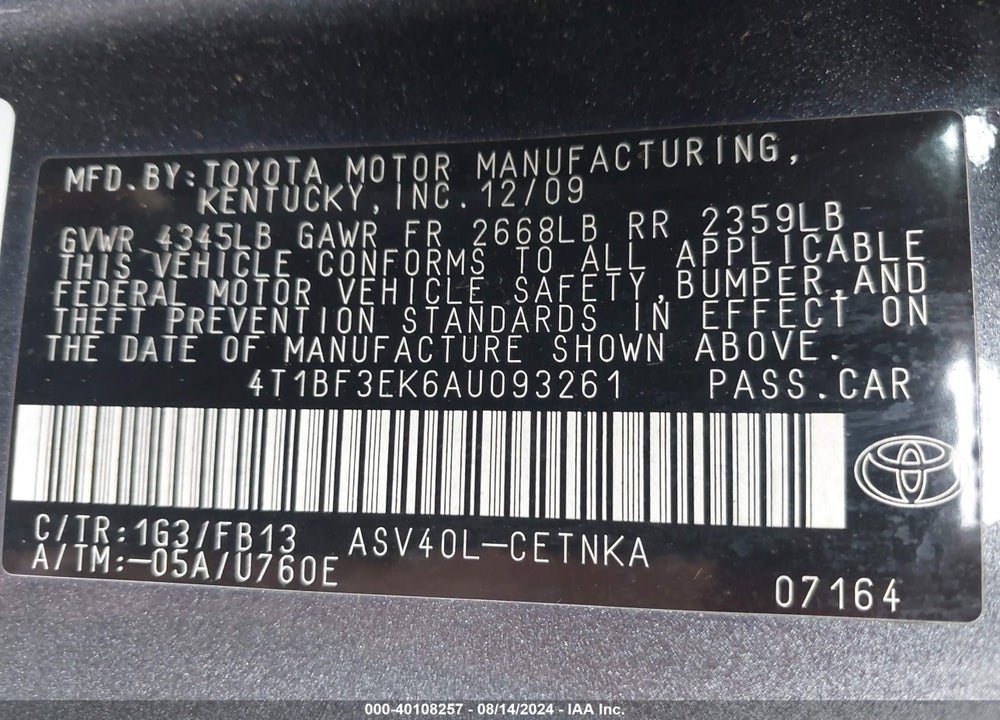 2010 TOYOTA CAMRY VIN: 4T1BF3EK6AU093261