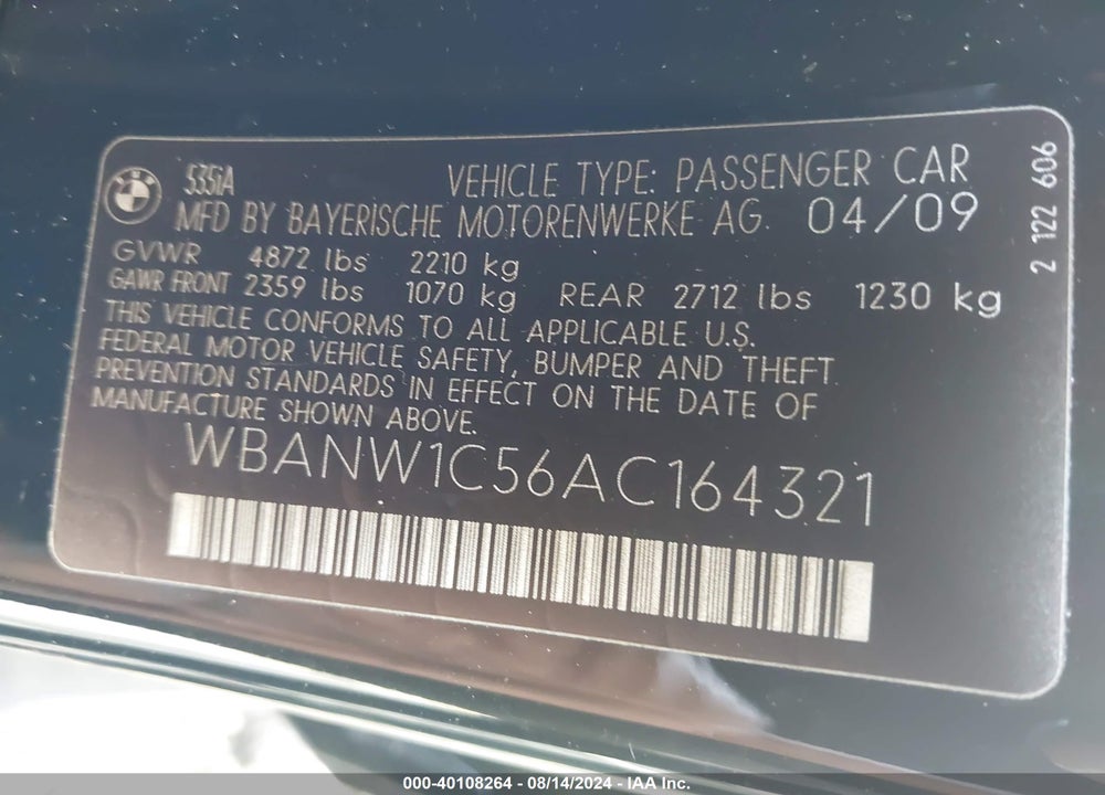 2010 BMW 535I VIN: WBANW1C56AC164321