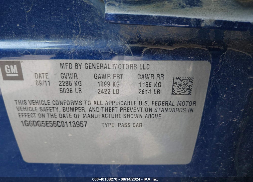 2012 CADILLAC CTS LUXURY VIN: 1G6DG5E56C0113957
