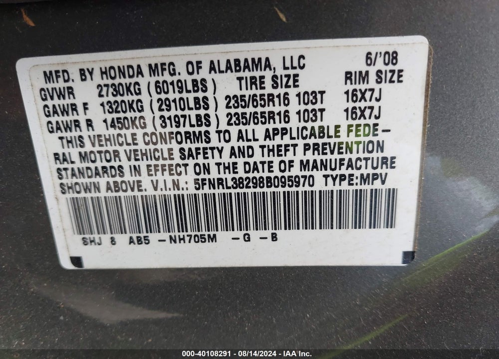 2008 HONDA ODYSSEY LX VIN: 5FNRL38298B095970