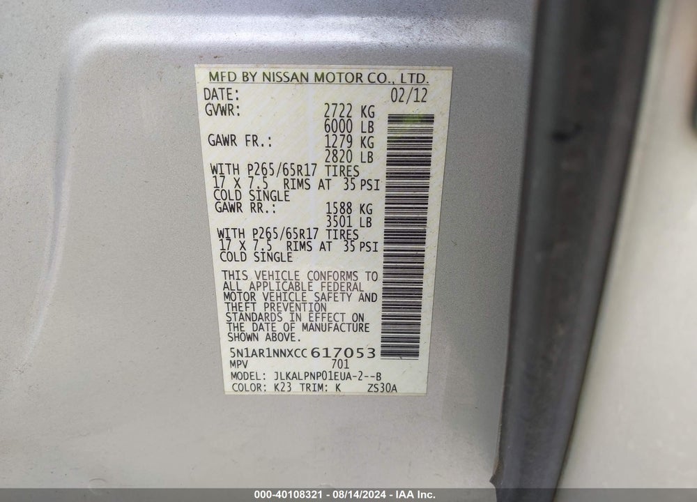 2012 NISSAN PATHFINDER SILVER VIN: 5N1AR1NNXCC617053