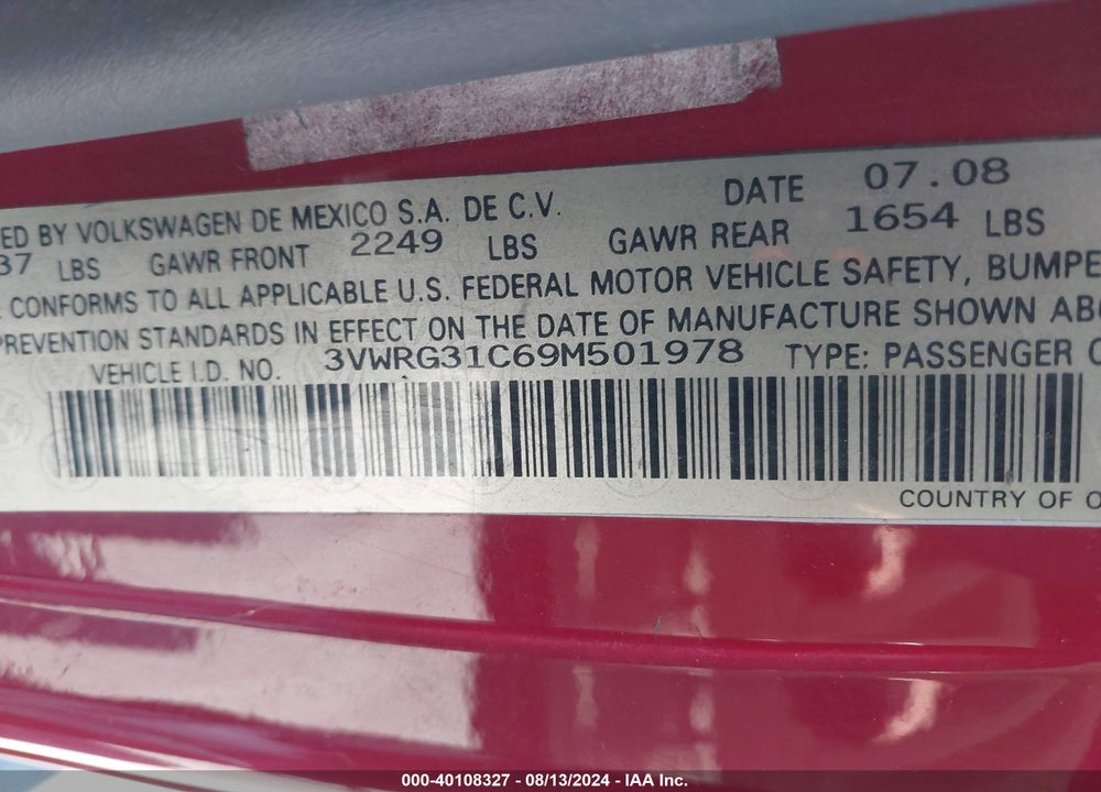 2009 VOLKSWAGEN NEW BEETLE 2.5L VIN: 3VWRG31C69M501978