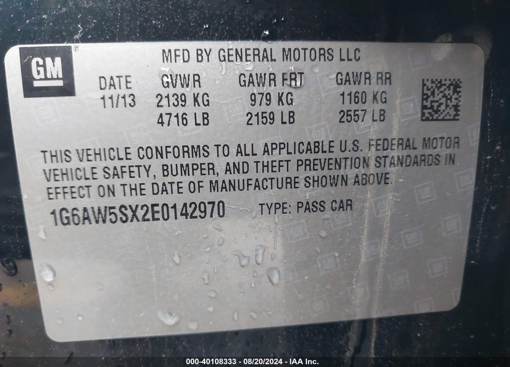 2014 CADILLAC CTS STANDARD VIN: 1G6AW5SX2E0142970