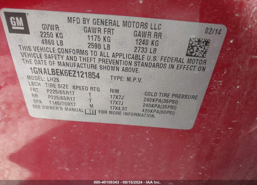 2014 CHEVROLET EQUINOX 1LT VIN: 1GNALBEK6EZ121854