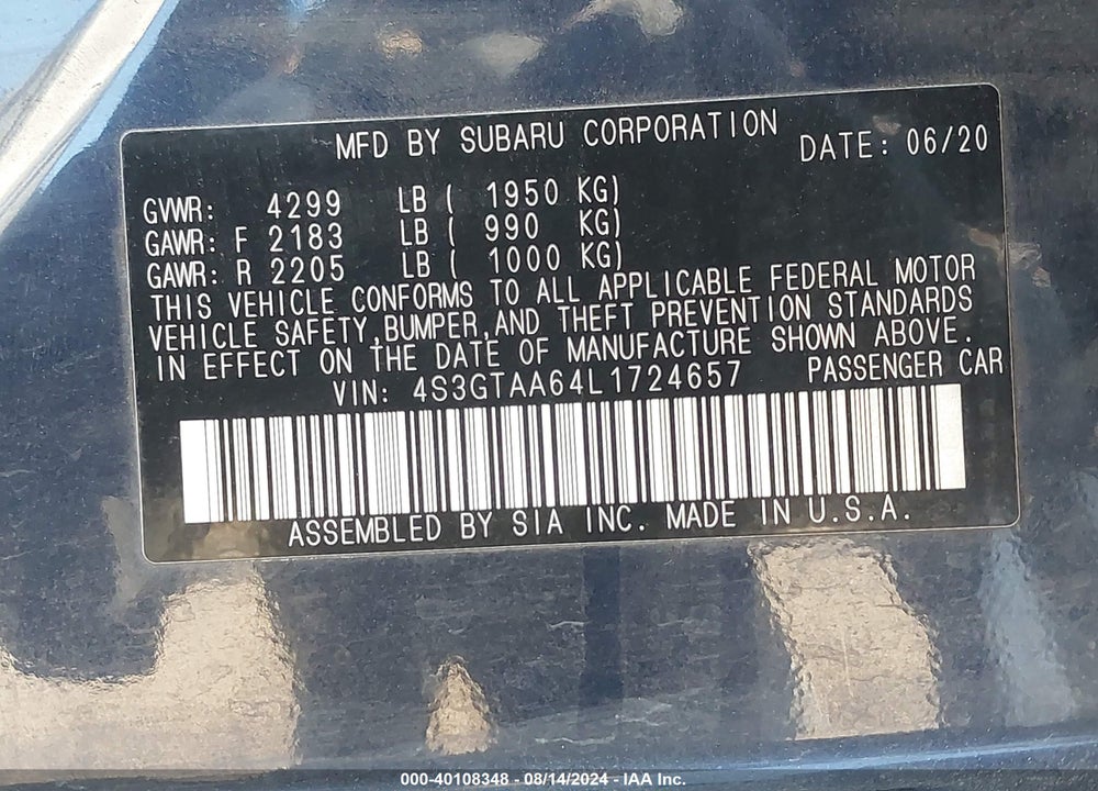 2020 SUBARU IMPREZA 5-DOOR VIN: 4S3GTAA64L1724657