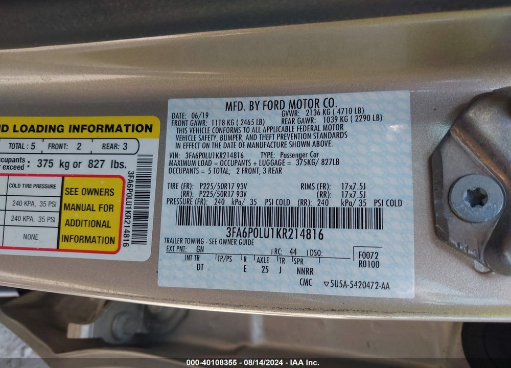 2019 FORD FUSION HYBRID SE VIN: 3FA6P0LU1KR214816