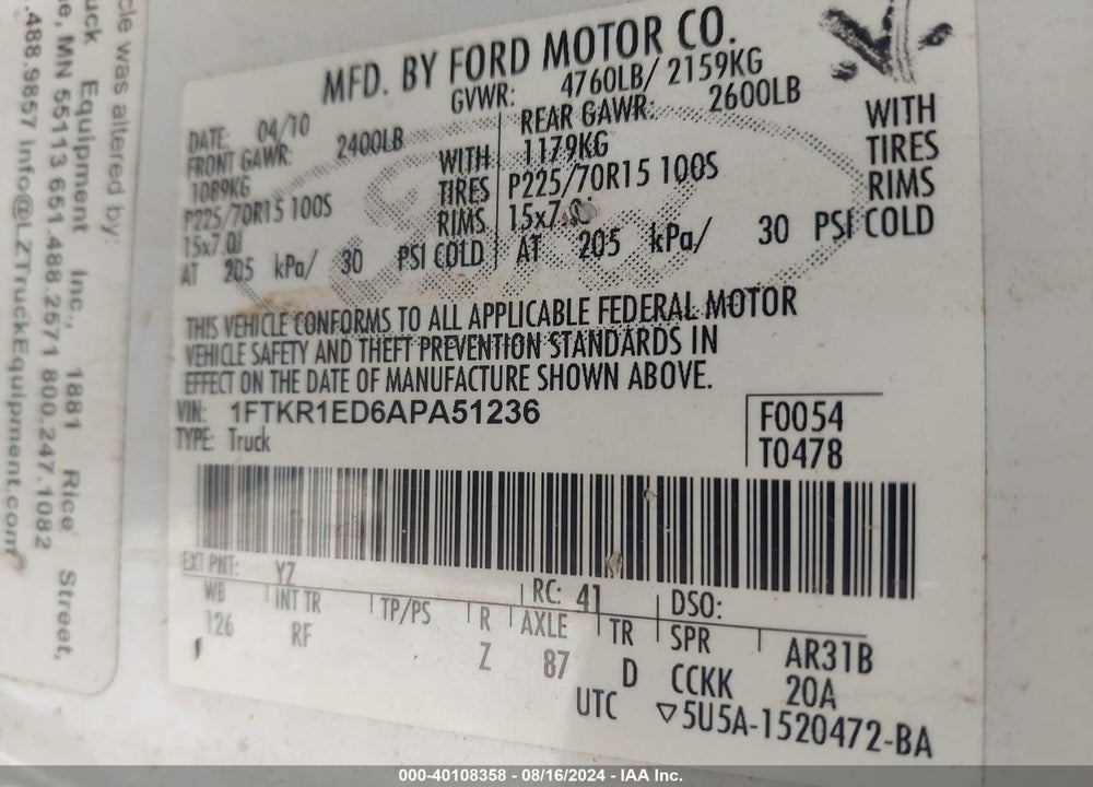 2010 FORD RANGER XL/XLT VIN: 1FTKR1ED6APA51236