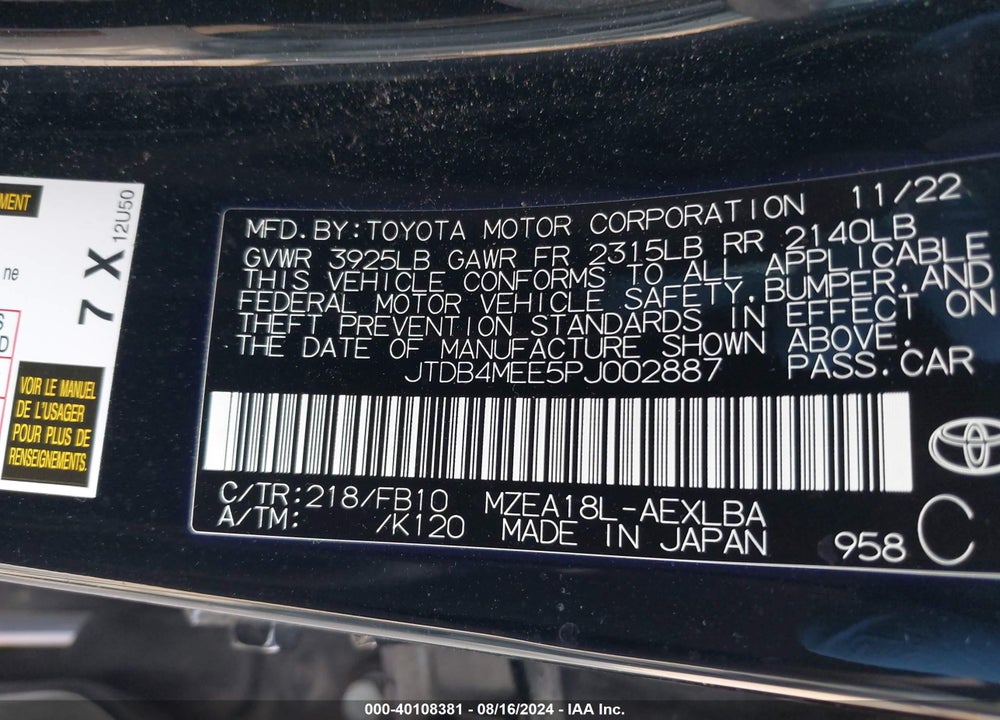 2023 TOYOTA COROLLA LE VIN: JTDB4MEE5PJ002887