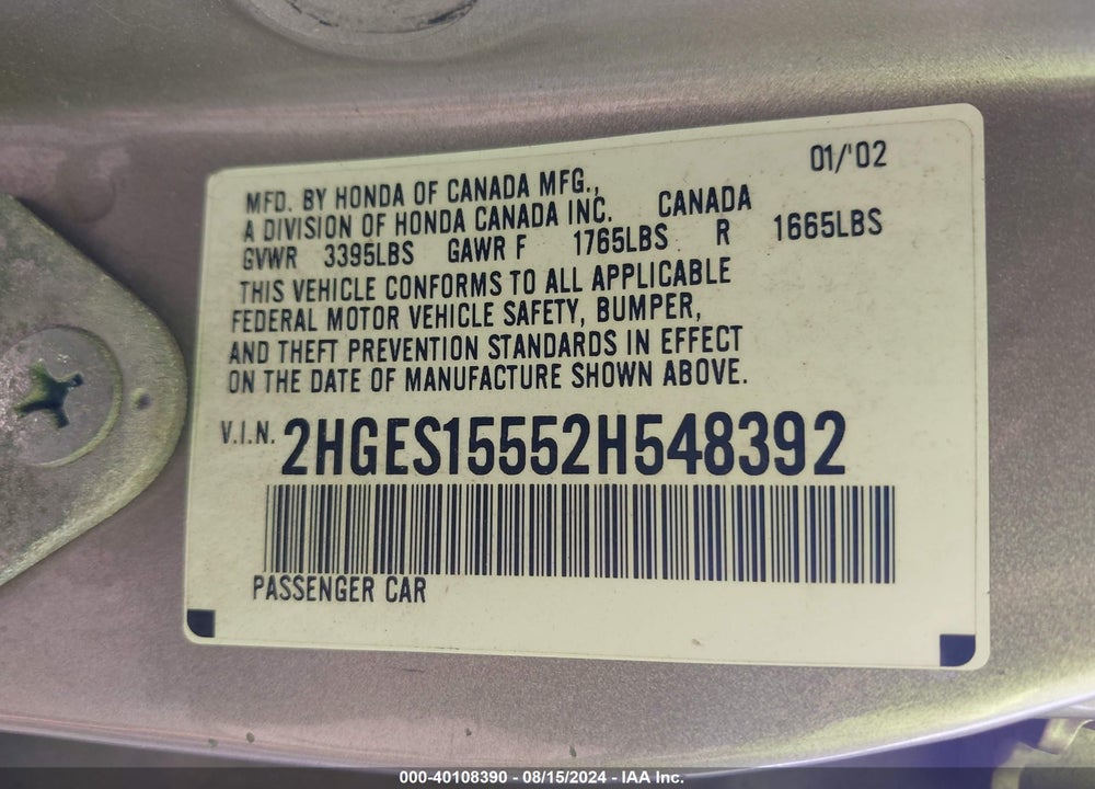 2002 HONDA CIVIC LX VIN: 2HGES15552H548392