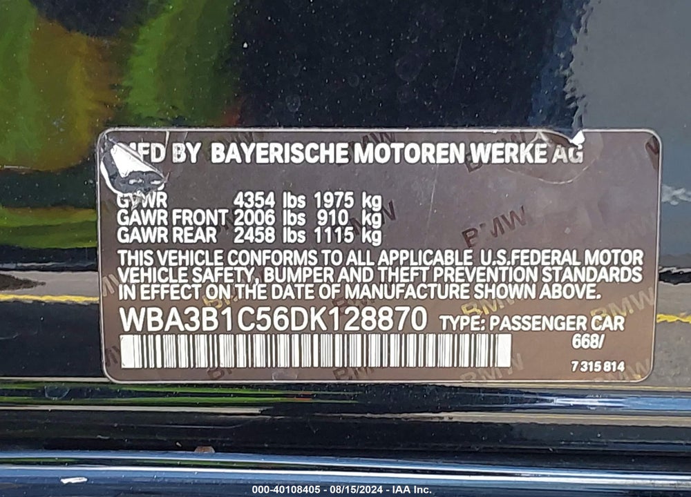2013 BMW 320I VIN: WBA3B1C56DK128870