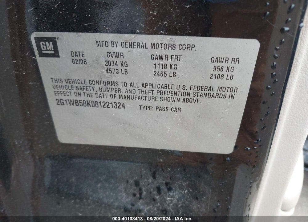 2008 CHEVROLET IMPALA LS VIN: 2G1WB58K081221324