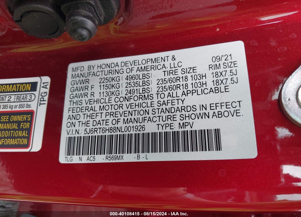 2022 HONDA CR-V HYBRID EX-L VIN: 5J6RT6H88NL001926