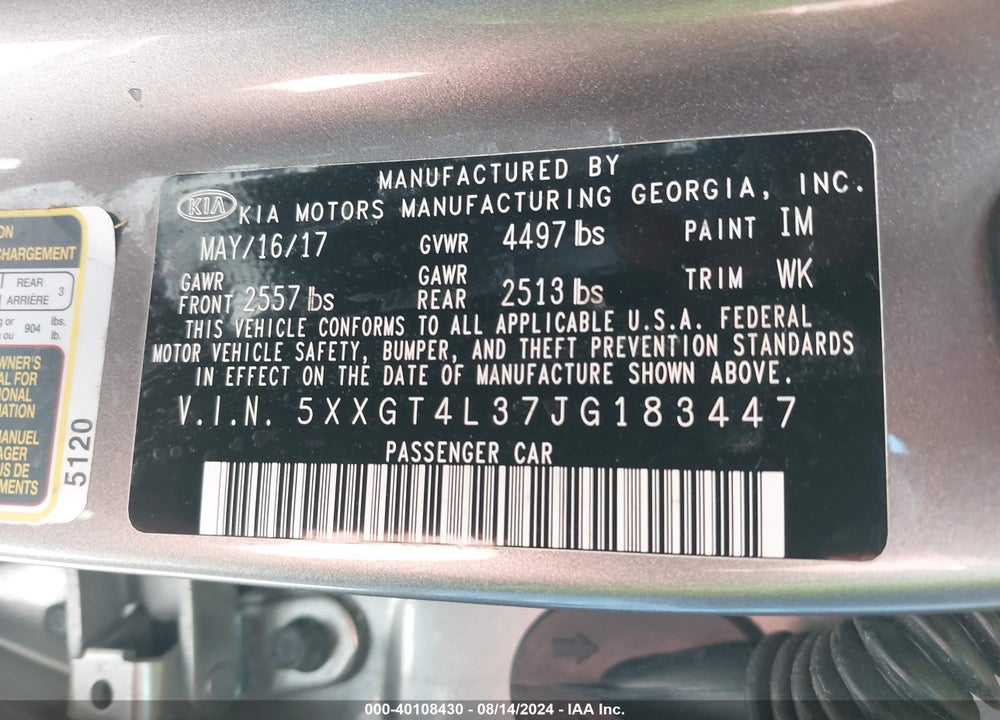 2018 KIA OPTIMA LX VIN: 5XXGT4L37JG183447