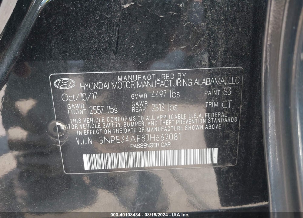 2018 HYUNDAI SONATA SEL VIN: 5NPE34AF8JH662081