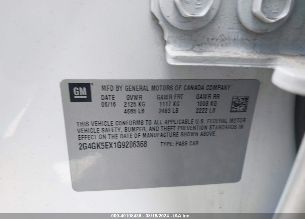2016 BUICK REGAL TURBO VIN: 2G4GK5EX1G9206368