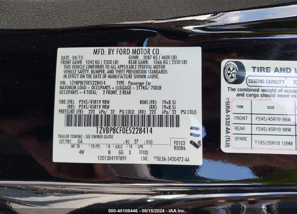 2014 FORD MUSTANG GT PREMIUM VIN: 1ZVBP8CF0E5228414
