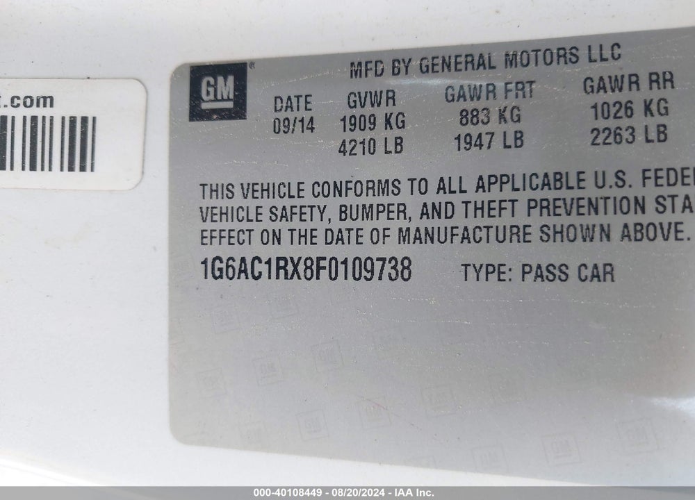 2015 CADILLAC ATS PERFORMANCE VIN: 1G6AC1RX8F0109738
