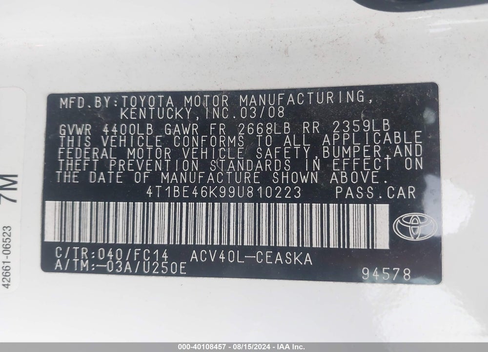 2009 TOYOTA CAMRY SE VIN: 4T1BE46K99U810223