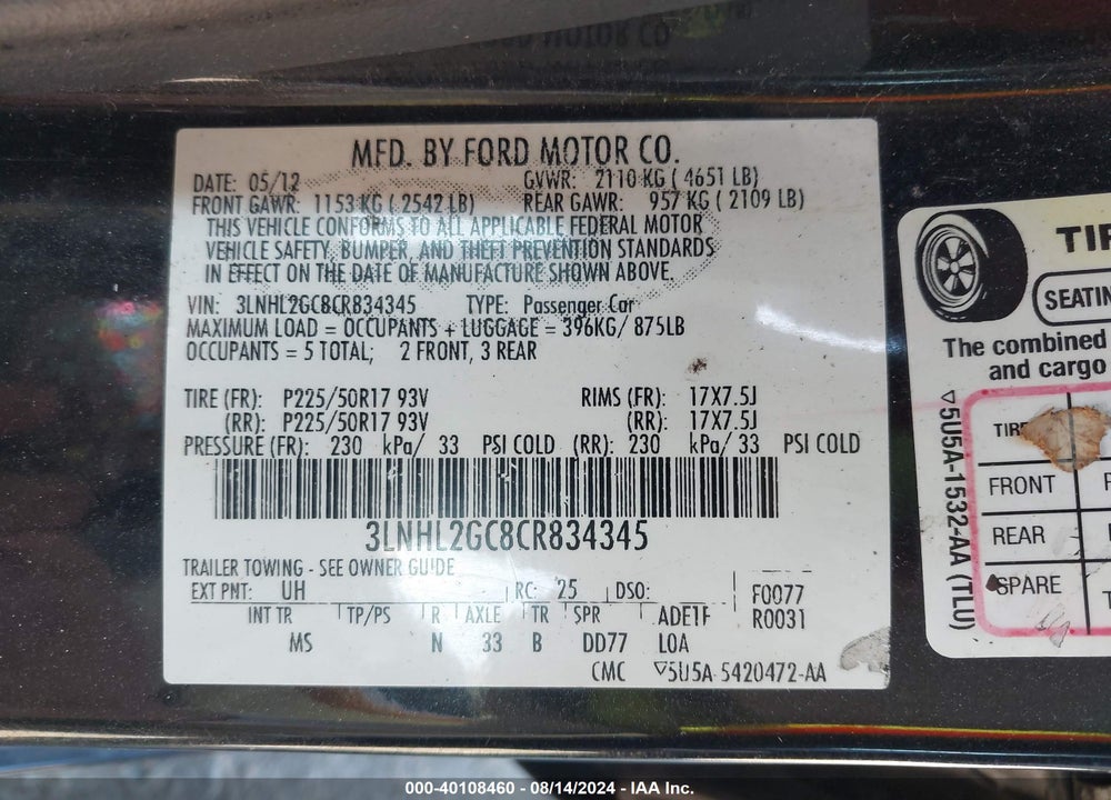 2012 LINCOLN MKZ VIN: 3LNHL2GC8CR834345