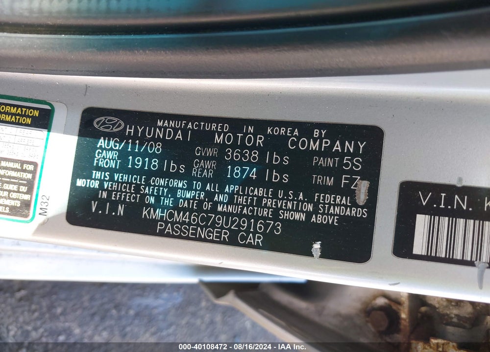 2009 HYUNDAI ACCENT GLS VIN: KMHCM46C79U291673
