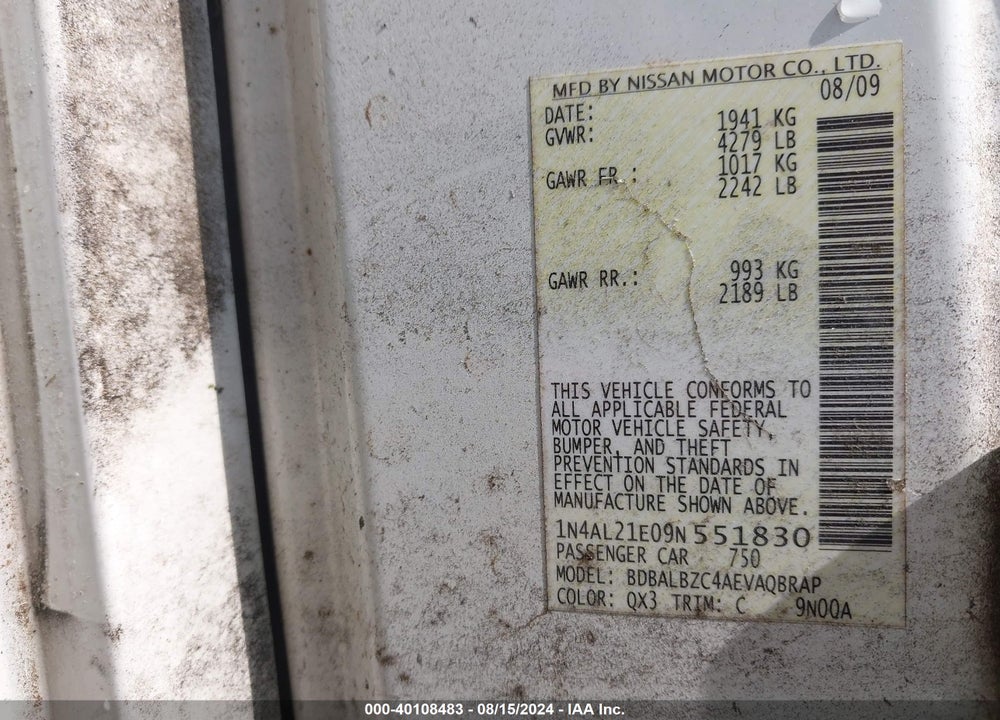 2009 NISSAN ALTIMA 2.5 S VIN: 1N4AL21E09N551830