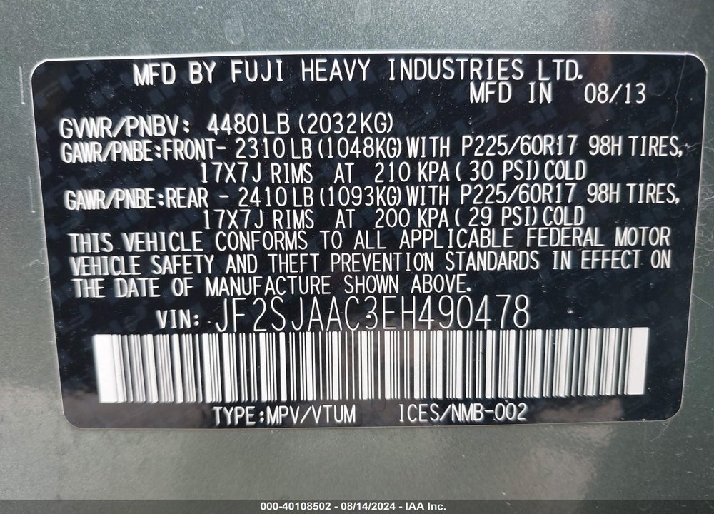2014 SUBARU FORESTER VIN: JF2SJAAC3EH490478
