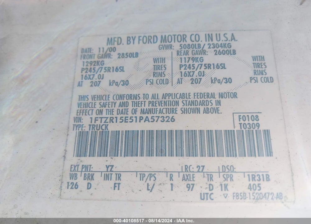 2001 FORD RANGER EDGE/XLT VIN: 1FTZR15E51PA57326
