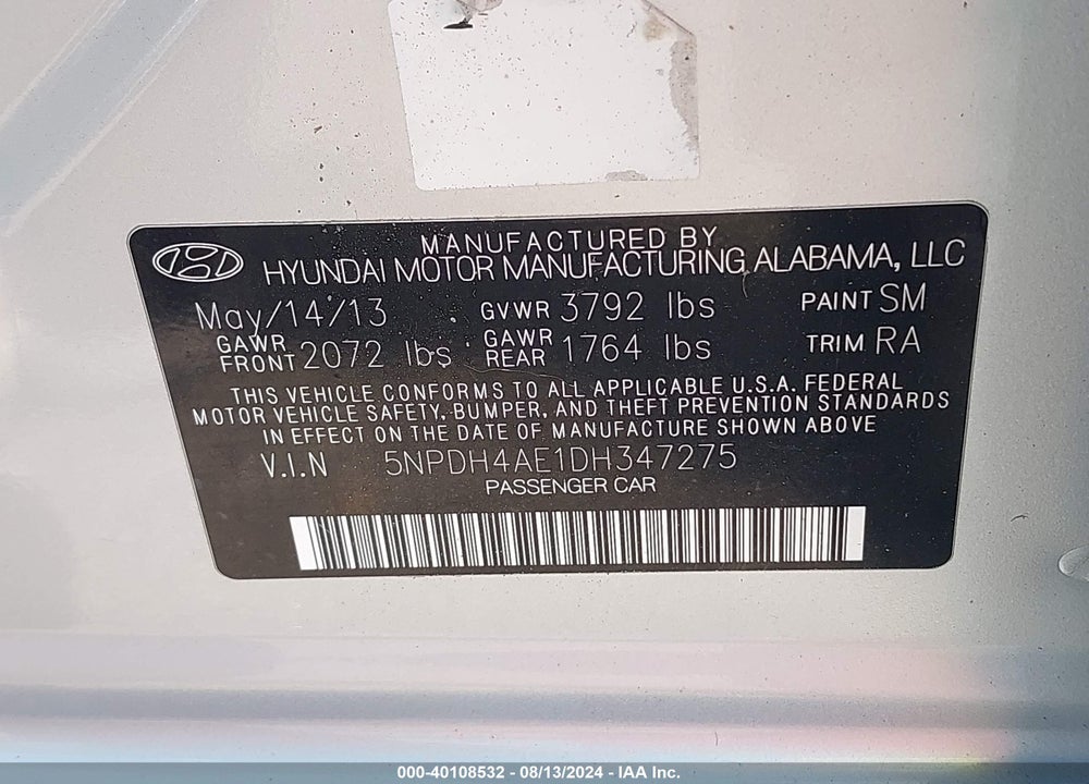 2013 HYUNDAI ELANTRA GLS VIN: 5NPDH4AE1DH347275
