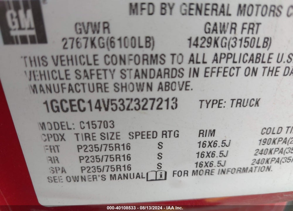 2003 CHEVROLET SILVERADO 1500 VIN: 1GCEC14V53Z327213