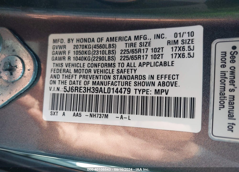 2010 HONDA CR-V LX VIN: 5J6RE3H39AL014479