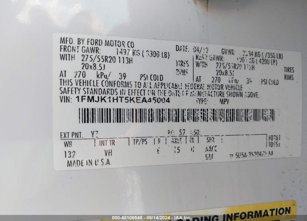 2019 FORD EXPEDITION MAX XLT VIN: 1FMJK1HT5KEA45004