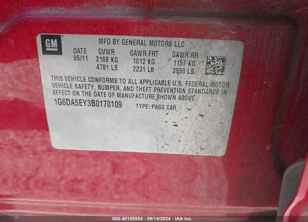 2011 CADILLAC CTS STANDARD VIN: 1G6DA5EY3B0170109