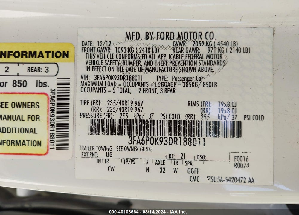 2013 FORD FUSION TITANIUM VIN: 3FA6P0K93DR188011