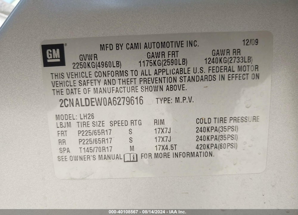 2010 CHEVROLET EQUINOX LT VIN: 2CNALDEW0A6279616