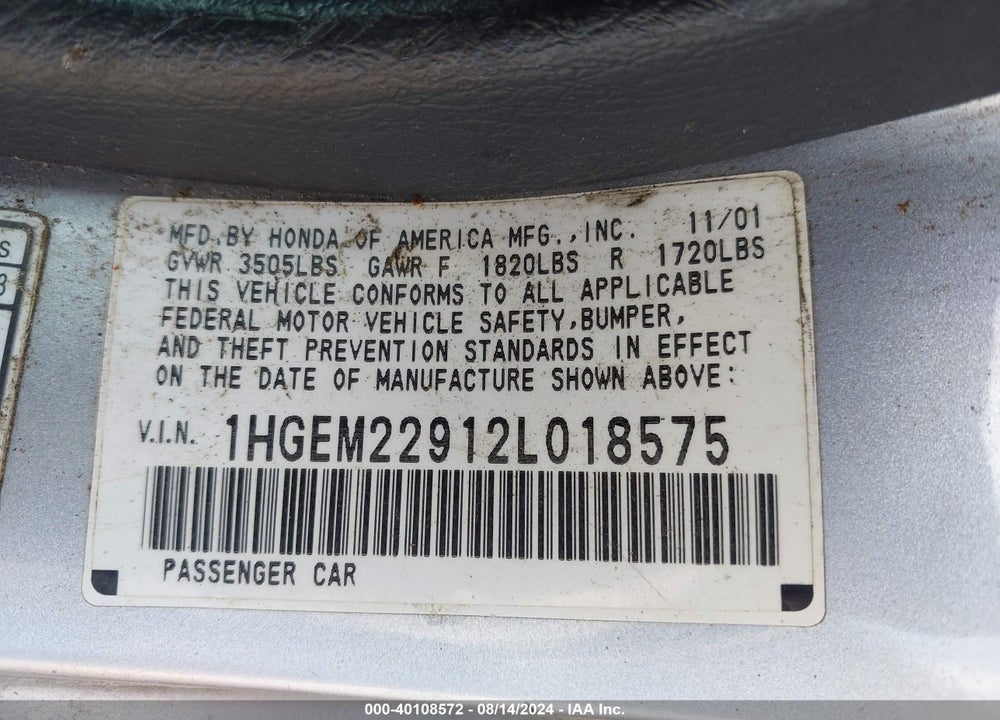 2002 HONDA CIVIC EX VIN: 1HGEM22912L018575